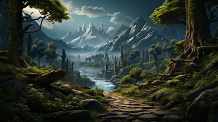 Misty mountain path flanked by trees and bushes. Fantasy landscape. Generative Ai