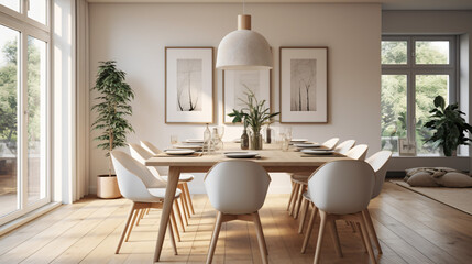 Fototapeta na wymiar Interior design of modern Scandinavian dining room