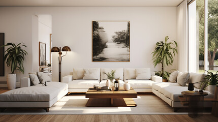 Interior of modern living room with white walls, wooden floor, comfortable white sofas and coffee table. 3d rendering