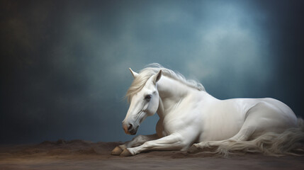 Fototapeta na wymiar Isolated lying white horse unicorn