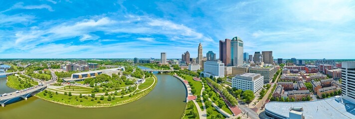 Panorama aerial both sides of Scioto River in Columbus Ohio downtown