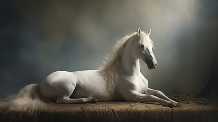 Naklejka na ściany i meble Isolated lying white horse unicorn