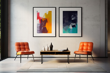 Modern living room interior with orange armchairs and paintings on the wall. Mock up, 3D Rendering