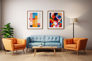 Interior of modern living room with two orange armchairs and coffee table