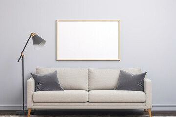 Interior of modern living room with white sofa, lamp and blank poster. Mock up, 3D Rendering
