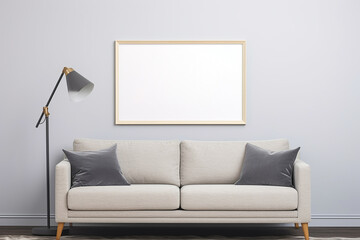 Interior of modern living room with white sofa, lamp and blank poster. Mock up, 3D Rendering