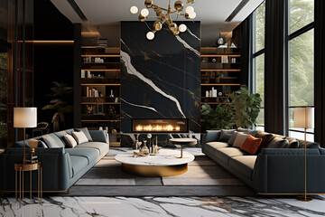 Interior of modern living room with black marble walls, carpet on the floor, comfortable sofa standing near round coffee table and bookcase. 3d rendering