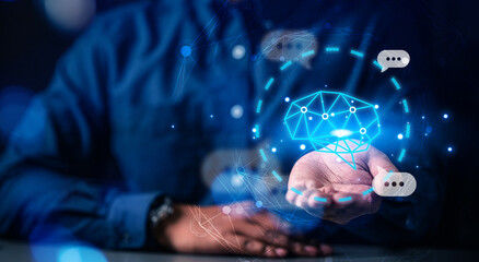 artificial intelligence, technology, processor, network, link, system, intelligence, innovation, ai, process. in your palm neural technology with iot hud embracing innovation. around message show it.