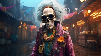 Obraz premium Portrait caricature of a very old eccentric hippie grandma skeleton dressed in ragged arty beaded clothing with flowers in a cold raining distant cyber city future street - generative AI