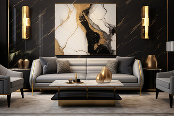 Living room interior with marble walls, concrete floor, gray sofa and gold coffee table with gold accessories. 3d render