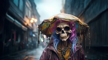 Fototapeta na wymiar Portrait caricature of a very old eccentric hippie grandma skeleton dressed in ragged arty beaded clothing with flowers in a cold raining distant cyber city future street - generative AI