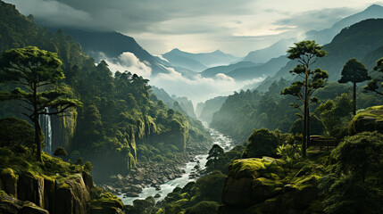 Rainforest landscape with trees and fog in the morning. Generative Ai