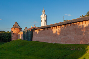 Fortress wall with defensive tower of the Kremlin in Veliky Novgorod, Russia