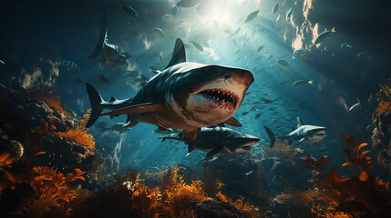 Hammerhead sharks. Generative Ai - obrazy, fototapety, plakaty
