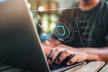 insurance, protection, assurance, family, health, saving, finance, life, shielding, healthcare. typing on keyboard with shield hud symbolizing life insurance asset protection family safety.