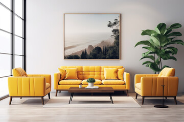 Interior of modern living room with white walls, wooden floor, yellow sofa standing near round coffee table with plant and picture frame. 3d rendering