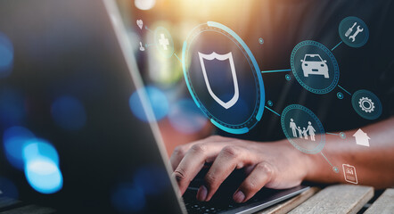 insurance, protection, assurance, family, health, saving, finance, life, shielding, health-care. typing keyboard with insurance and asset icons for retirement planning and life insurance protection.