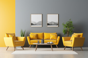 Interior of modern living room with yellow and gray walls, wooden floor, yellow armchairs standing near round coffee table and vertical mock up posters. 3d rendering