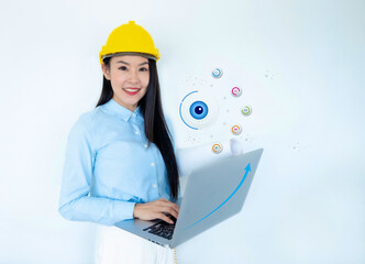 Global communication, Futuristic architect, Businesswoman, Industry, Engineer woman. Working on digital technology interfaces icon and construction, Smart industry and digital technology innovation. 