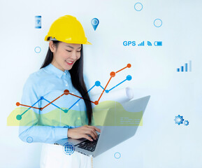 Global communication, Futuristic architect, Businesswoman, Industry, Engineer woman. Working on digital technology interfaces icon and construction, Smart industry and digital technology innovation. 