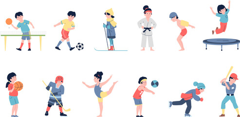Flat sporting teenagers, sport athletics children. Student play volleyball, soccer and ski. Little baseball champion, recent vector characters