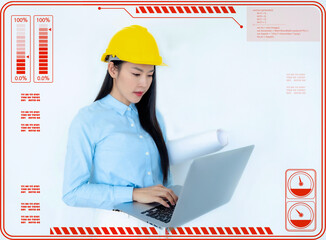 Global communication, Futuristic architect, Businesswoman, Industry, Engineer woman. Working on digital technology interfaces icon and construction, Smart industry and digital technology innovation. 