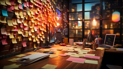 Naklejka premium Sticky notes on office bulletin board. Generative Ai