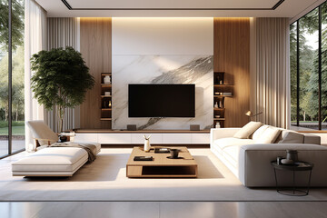 Luxury living room interior design with white and wooden walls, tiled floor, white sofa and TV set. 3d rendering