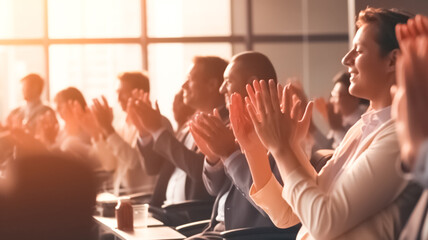 Business people, conference and audience applause at seminar, of presentation with lens flare. Workshop or training. Diversity men and women crowd clapping at presentation or convention for corporate 