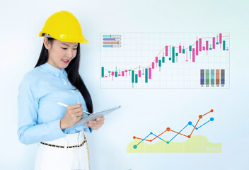 Global communication, Futuristic architect, Businesswoman, Industry, Engineer woman. Working on digital technology interfaces icon and construction, Smart industry and digital technology innovation. 