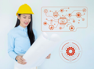 Global communication, Futuristic architect, Businesswoman, Industry, Engineer woman. Working on digital technology interfaces icon and construction, Smart industry and digital technology innovation. 
