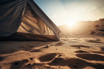 A closeup shot of a tent in a desert - Generative AI