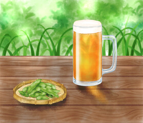Beer mug and green soybeans placed on the porch drawn with digital watercolor
