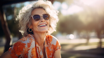 Happy stylish senior woman in sunglasses laughing on a sunny day outdoors, mature positive woman with short gray haircut looking up lifestyle