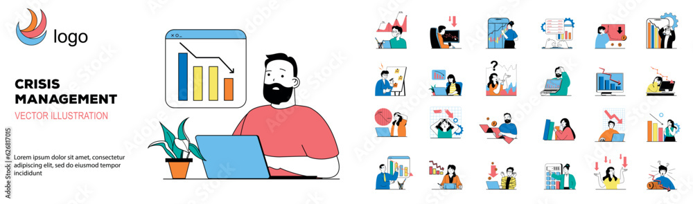 Poster Crisis management concept with character situations mega set. Bundle of scenes people analisis data, planning strategy in recession, finding problem solutions. Vector illustrations in flat web design