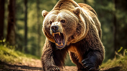 large brown angry running bear in the green forest, made with Generative AI - obrazy, fototapety, plakaty