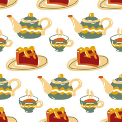 A pattern with cups, teapots and cherry pie on a plate. Cozy home autumn seamless background. Design of kitchen textiles, invitation cards, packaging. Cute, warm autumn vector illustration. Packaging