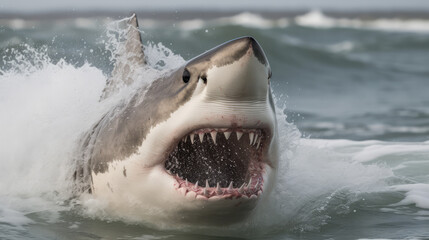 Great white shark attacking something with wide open mouth. Generative AI.