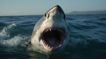 Front view on a great white shark with open mouth as a symbol for danger. Generative AI.