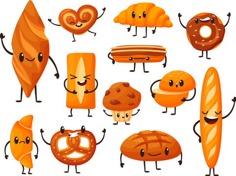 Funny bread characters, variety breads with cartoon faces. Bakery elements, toast and loaf. Breakfast comic croissant and muffin nowaday vector set