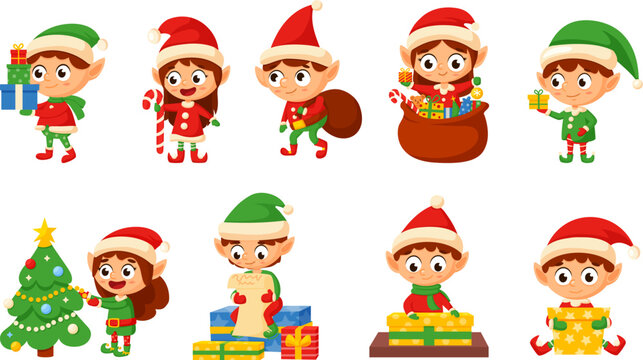 Cartoon santa elves characters, christmas elf with gifts and xmas tree. Cute helpers, celebrating magic creature. Winter holidays nowaday vector set