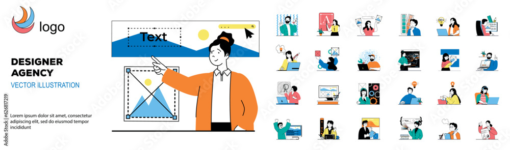 Poster Designer agency concept with character situations mega set. Bundle of scenes people creating art projects and branding, making logos, selecting colors palette. Vector illustrations in flat web design