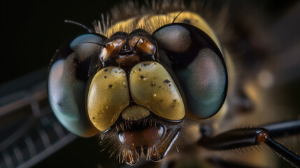 Beautiful macro shot of the big eyes of a dragonfly. Generative AI.