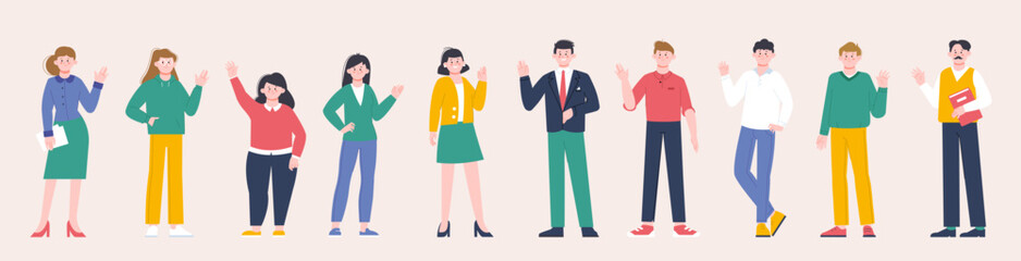 People greeting and say hello. Welcome characters, teens and adults. Cartoon women men wave hands, ethnic diverse group students splendid vector set © LadadikArt