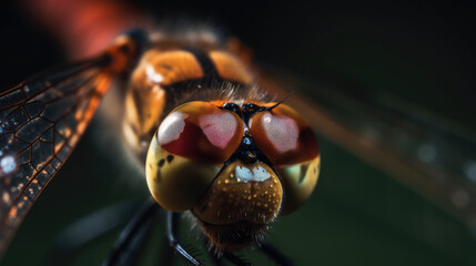 Macro of the big eyes of a dragonfly. Generative AI.