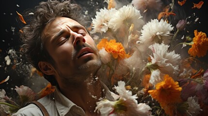 Hay fever: man allergic to pollen of flowers, created with generative ai	 - obrazy, fototapety, plakaty