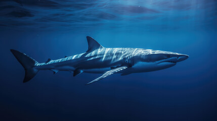 Bog shark swimming deep in the wide blue opean ocean. Generative AI.