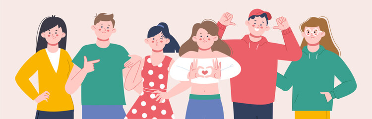 Positive people group, friends smile and hug. Cheering society, happy flat students portrait. Colleagues community, friendship splendid vector scene