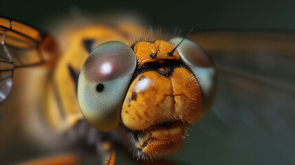 Macroshot of the face of a dragonfly with the big eyes. Generative AI.