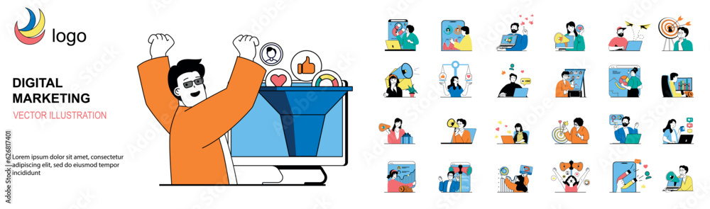 Aufkleber Digital marketing concept with character situations mega set. Bundle of scenes people making online promotion strategy and advertising business in social media. Vector illustrations in flat web design